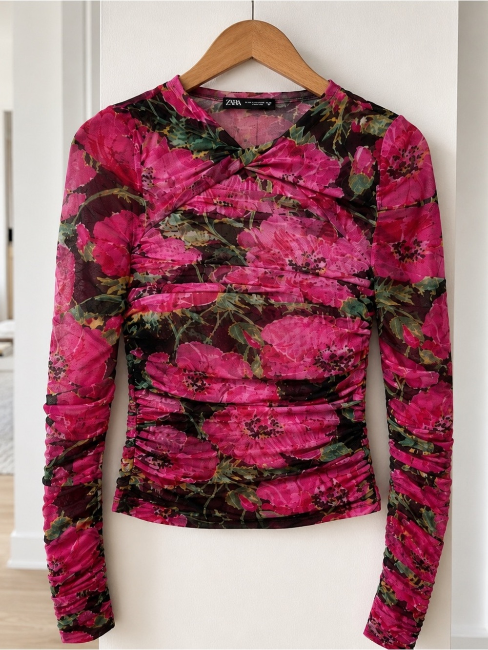 Zara Pink Floral Long-Sleeve Mesh Top